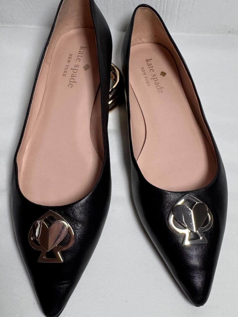 Kate Spade New York Black Leather Pointed-Toe Flats – Gold Spade Logo – Size 7